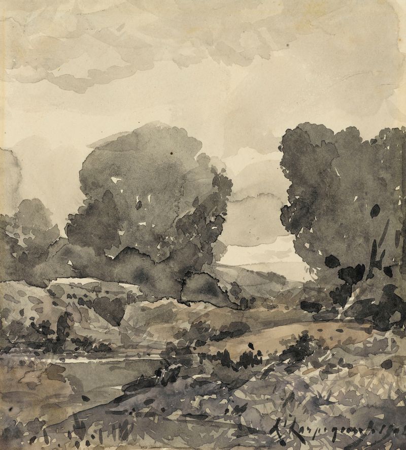 Paysage de Henri-Joseph Harpignies, óleo sobre lienzo que representa un paisaje sereno con árboles y luz filtrada.