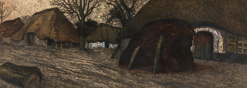 Paisagem com telhados de palha em Old Village in the Kempen de Georges Meunier, pintura a óleo