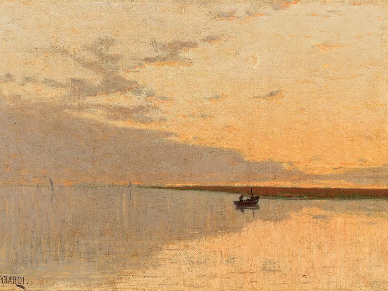 Pintura al óleo de Guglielmo Ciardi que representa un barco al atardecer en los canales de Venecia