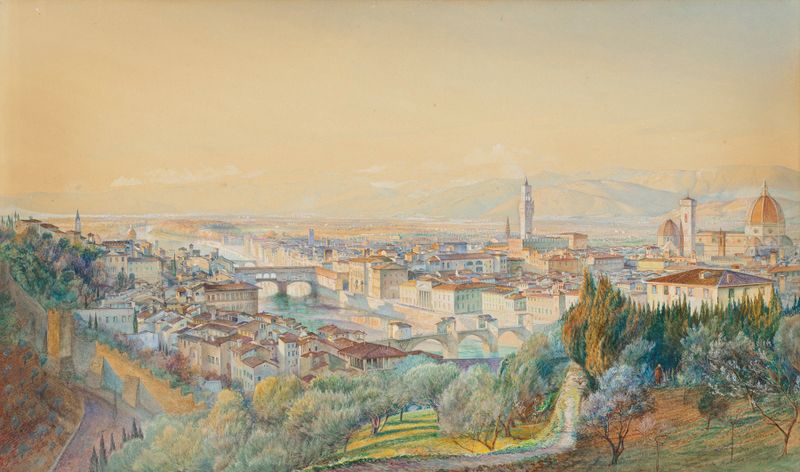 Paisagem de Florença com luz do sol nos telhados, óleo sobre tela de John Wharlton Bunney