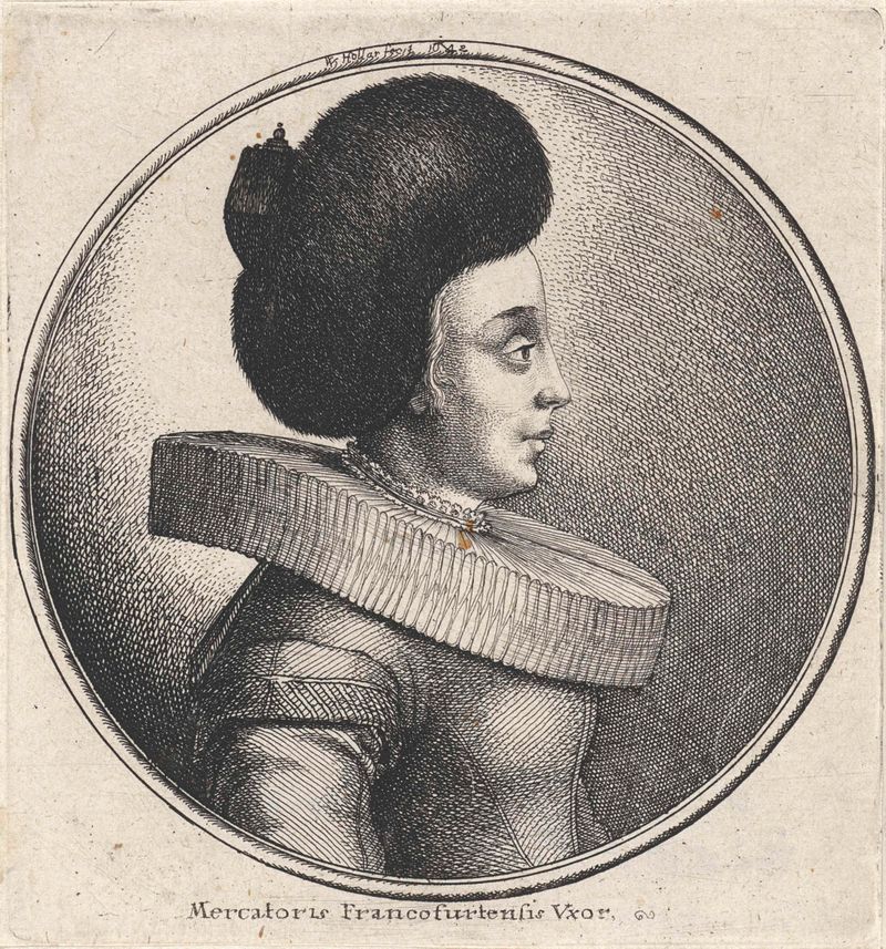 Etching of a woman in profile wearing a fur hat and pleated collar by Wenceslaus Hollar