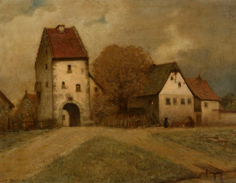 Town fragment by Curt Agthe, realism, depicting a cobblestone street with interplay of light and shadow.