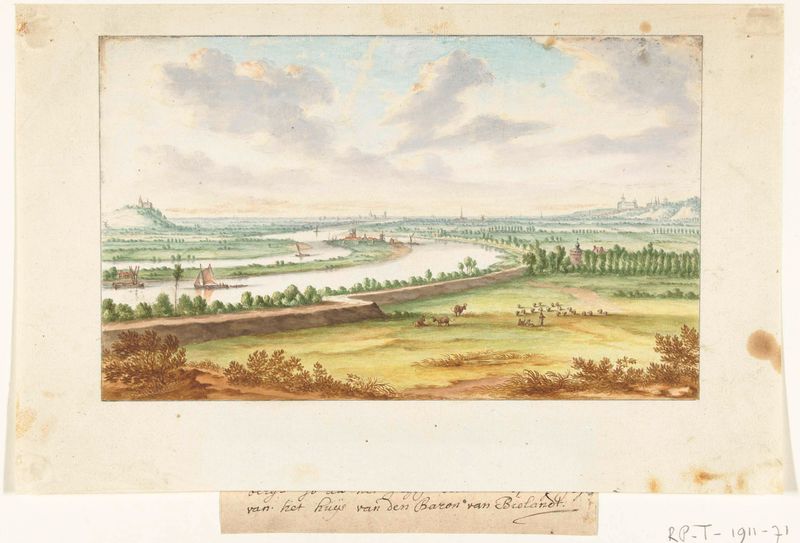 Landscape oil painting by Jan van Call depicting a river, fields, and sky.