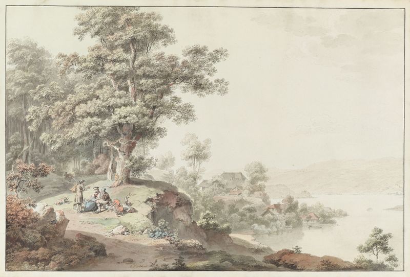 Engraving by Johann Ludwig Aberli depicting a serene lake at twilight.