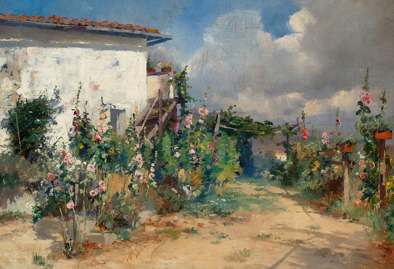House with hollyhocks in the garden by Henryk Siemiradzki, oil painting featuring vibrant flowers and a quaint house.