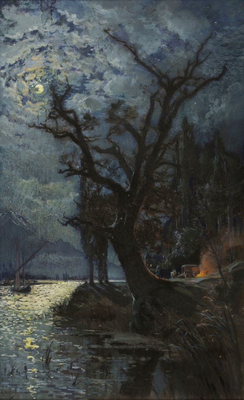 Nocturne. Le lac Léman – Souvenir de Villeneuve (Suisse) oil on canvas by Alexandre Nozal