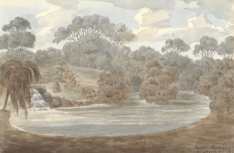 Lower Thornery, Sezincote de Anne Rushout, aquarela sobre papel que retrata colinas e luz.