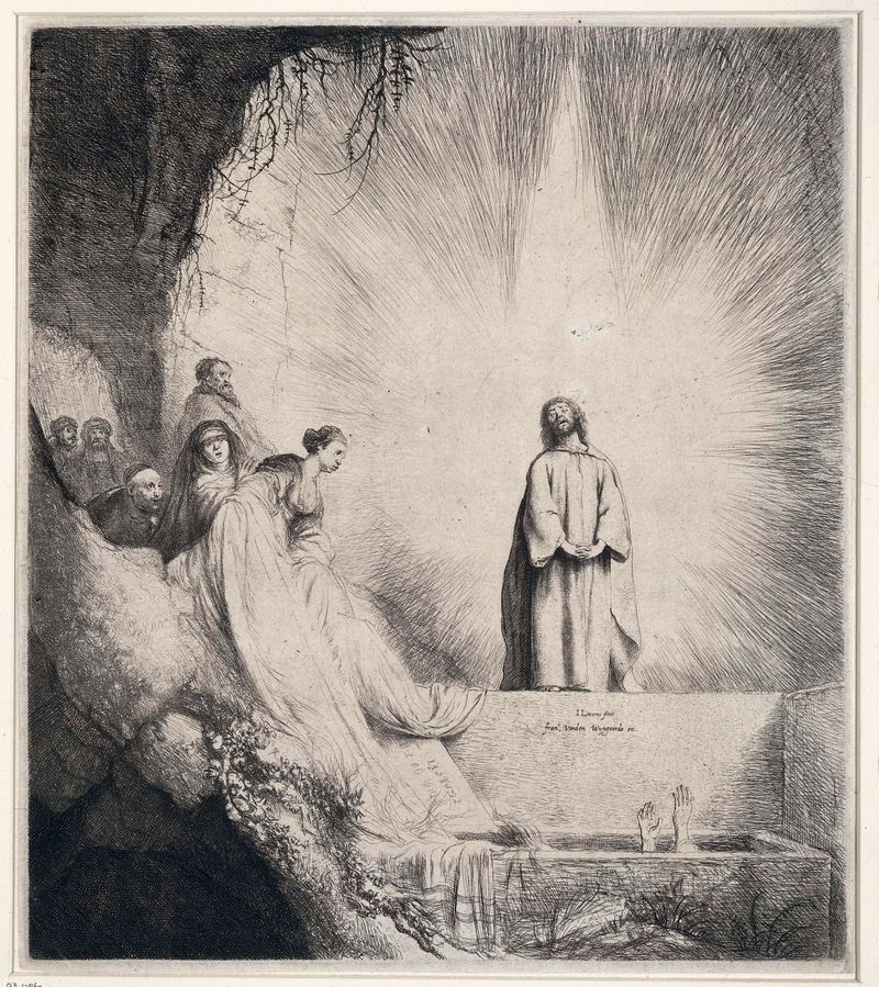 Resurrection scene with Lazarus emerging, etching by Jan Lievens