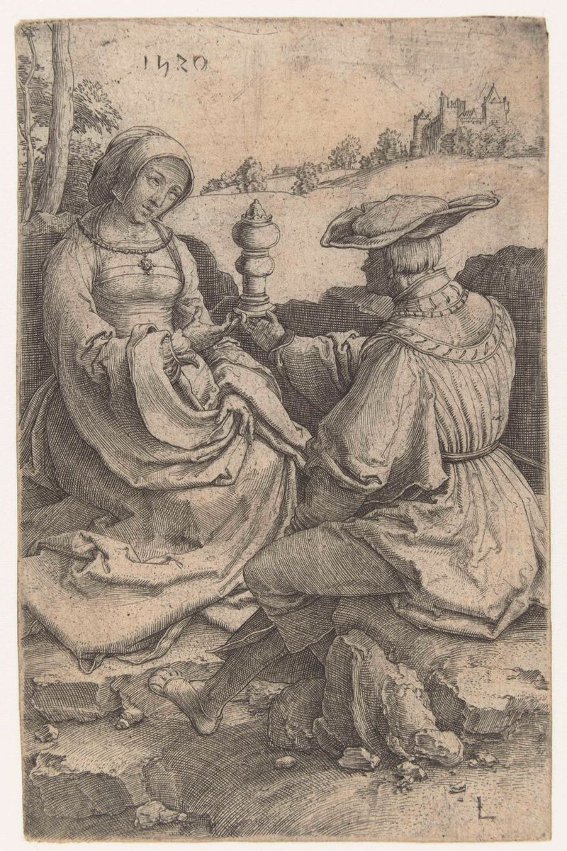 Casal sentado em uma paisagem sob um céu azul, gravura de Lucas van Leyden