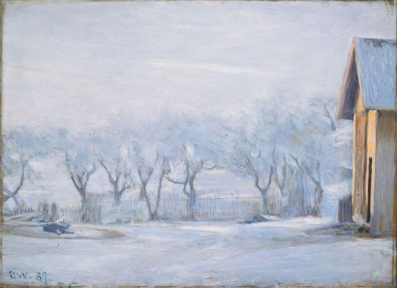 White Frost by Erik Werenskiold, depicting a frosted landscape with trees and a gradient sky, oil painting.