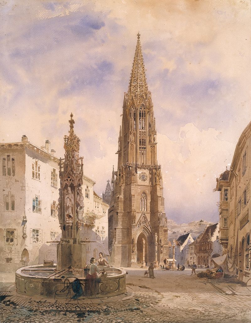 View of the cathedral and fish fountain, oil painting by Friedrich Eibner