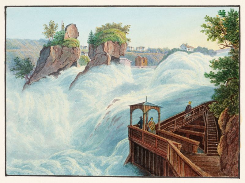 Paisaje con una cascada y un bosque de Johann Ludwig Bleuler, pintura al óleo