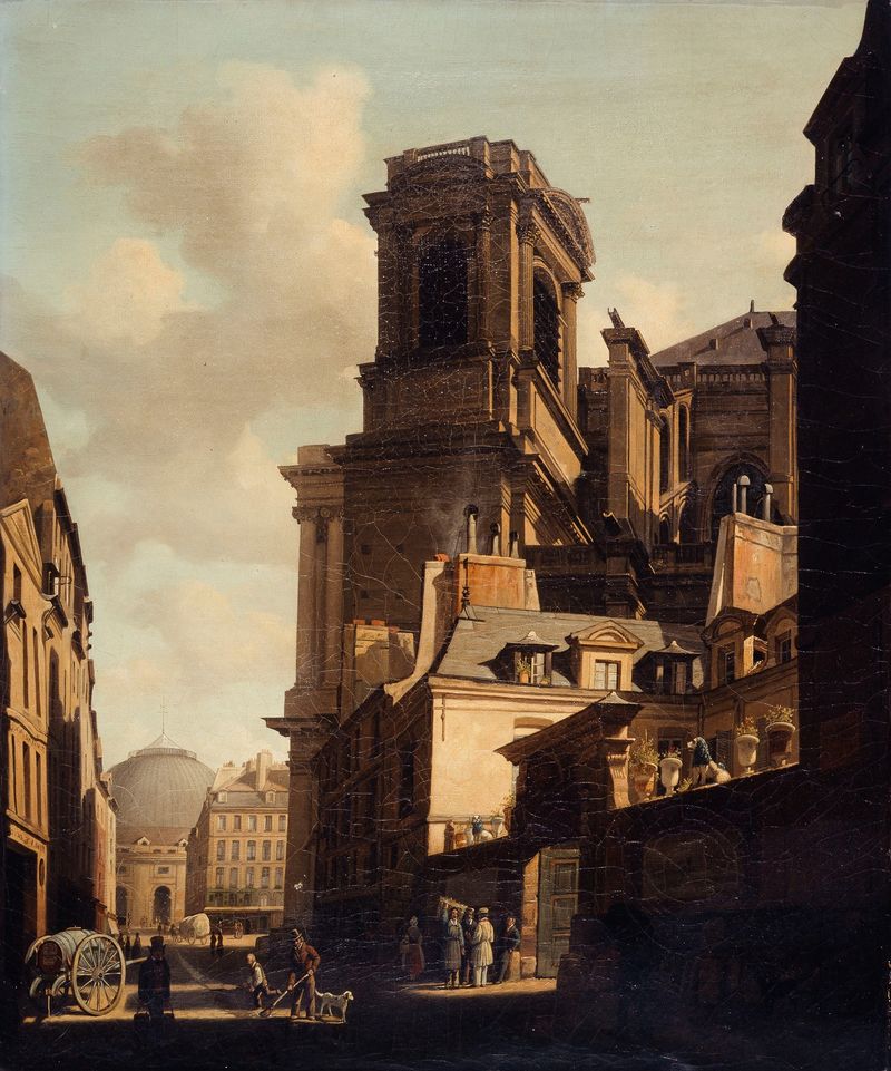 La rue du Jour by Lambert Nollé, oil on canvas depicting figures in a sunlit street.