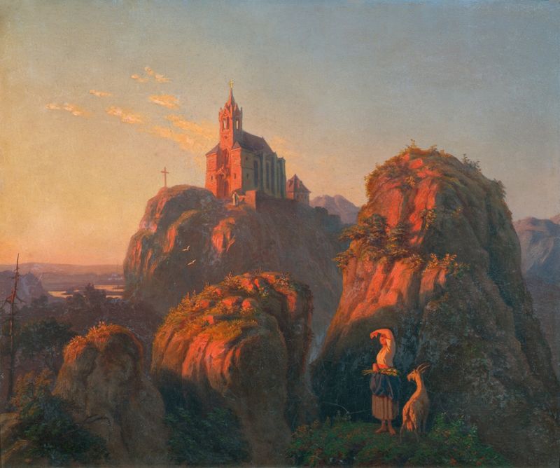 Landschaft mit Kirche am Abend by Emil Ludwig Löhr, oil on canvas depicting a church at twilight.