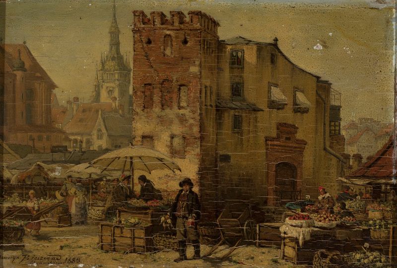 Marketplace in Munich by Seweryn Bieszczad, oil on canvas depicting merchants and sunlight on cobblestones.