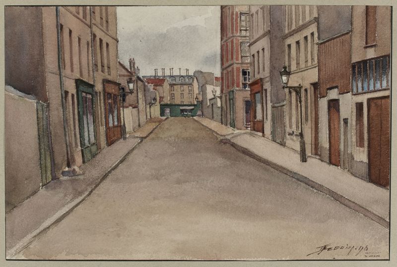Rue Franquet by F. Séguin, oil on canvas depicting urban reflections and a silhouetted figure.