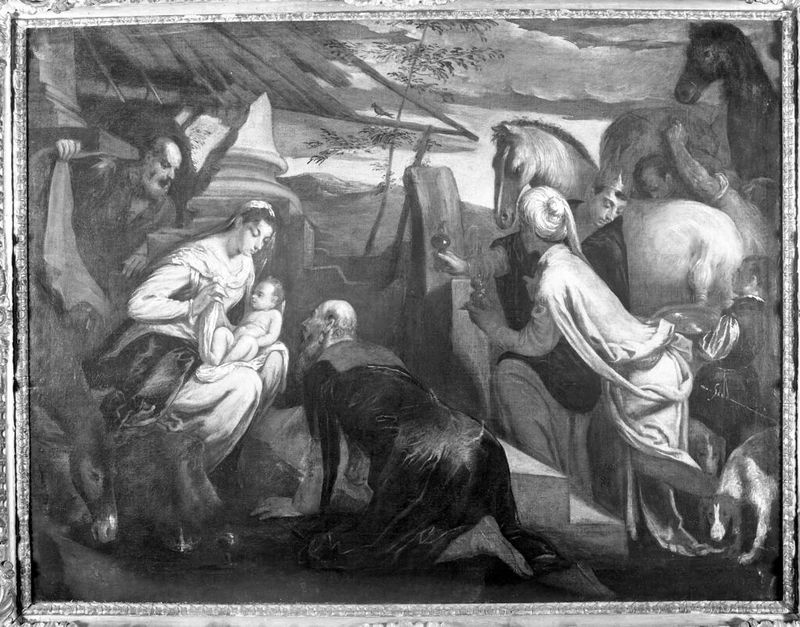 A Adoração dos Magos, óleo sobre tela de Jacopo Bassano, retratando três figuras em reverência.