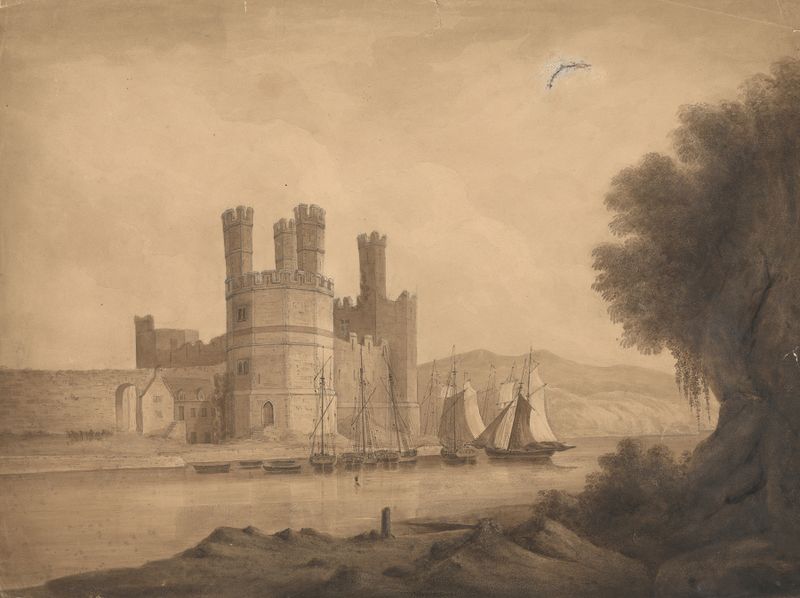 Acuarela de Isaac Weld que muestra la Torre del Águila en el Castillo de Caernarvon