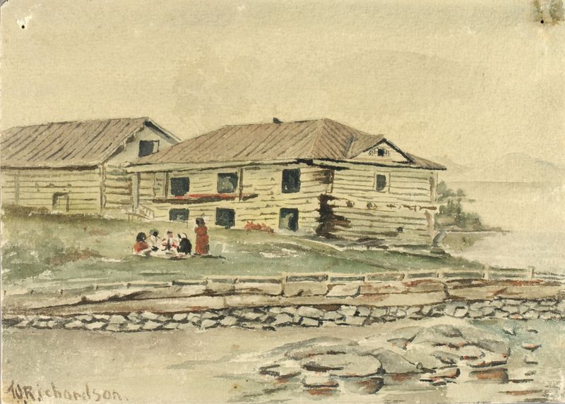 Ruínas de edifícios em uma paisagem, óleo de Theodore J. Richardson