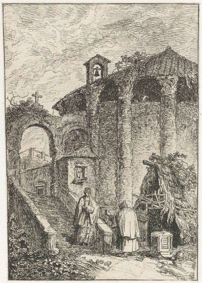 Rococo etching by Giuliano Giampiccoli depicting ruins and cityscape in golden light.