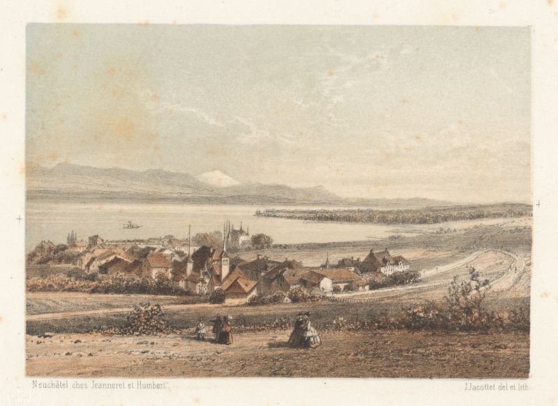 Paisaje con colinas y agua, pintura al óleo de Jean Jacottet
