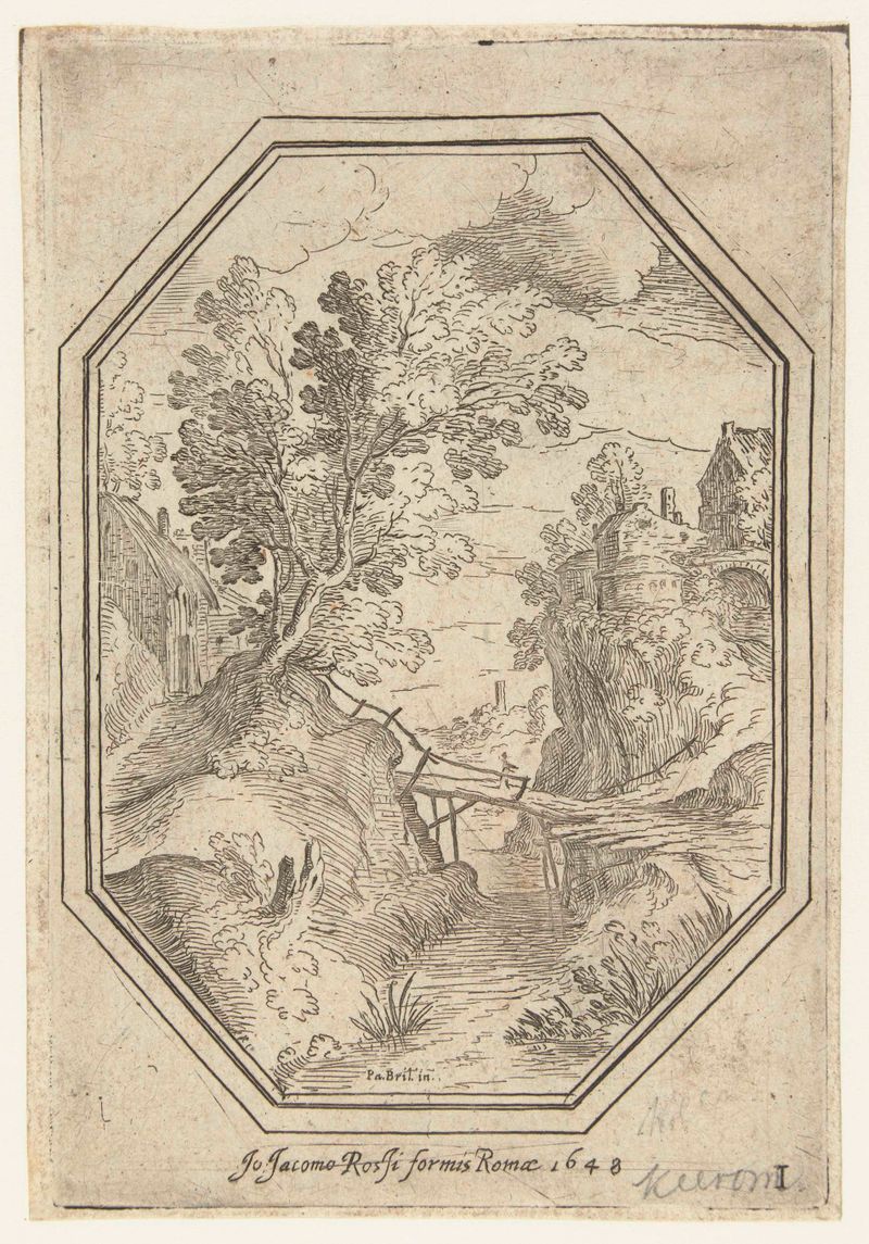 Grabado de Paul Bril que muestra un puente de madera sobre un río en un paisaje tranquilo.