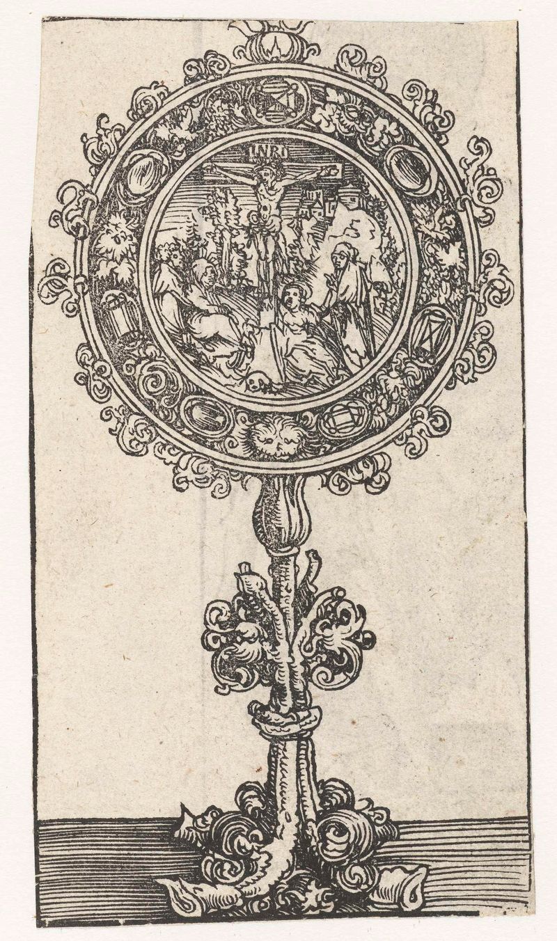 Reliekhouder met Christus aan het kruis de Lucas Cranach, medio papel, representando a Cristo en la cruz.