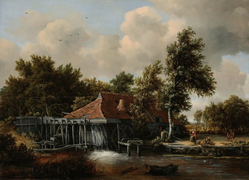 A Watermill de Meindert Hobbema, pintura al óleo que muestra un molino de agua junto a un río con luz solar y vegetación.