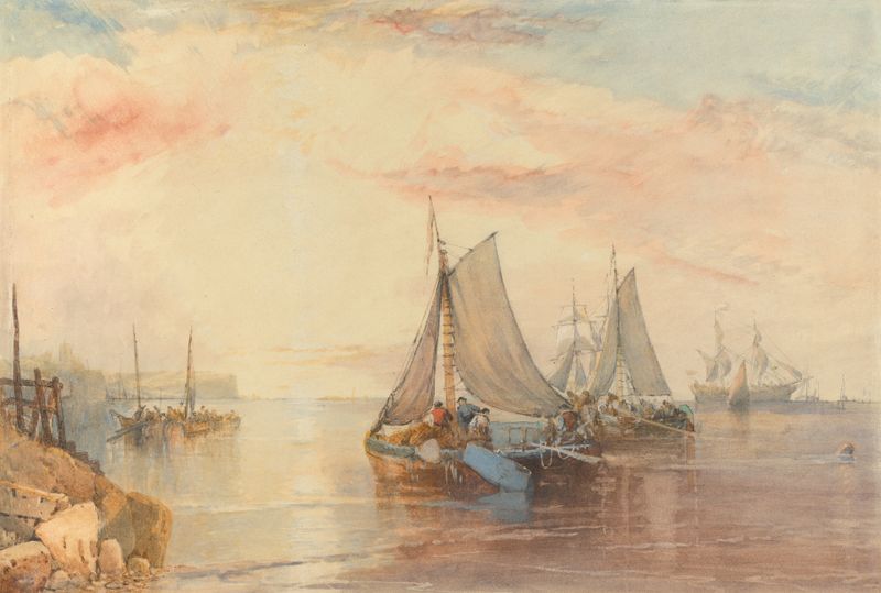 Shipping in a Calm, oil painting by James Baker Pyne depicting a serene marine scene with a ship.