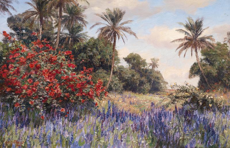 Lavender fields under a cerulean sky, oil on canvas by Georg Macco
