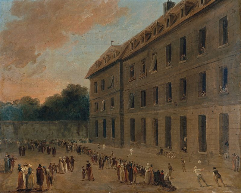 Récréation des prisonniers à Saint-Lazare, óleo sobre tela de Hubert Robert mostrando prisioneiros jogando bola.
