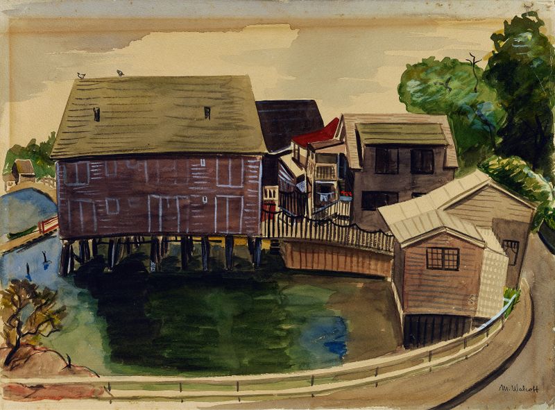 East Gloucester #1 de Muriel Walcoff, óleo sobre lienzo que representa un paisaje sereno con tonos azules.