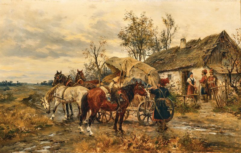 Resting in front of the House, oil on canvas by Ludwig Gedlek, featuring a figure in a serene landscape.