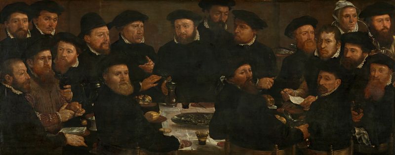 Cena de gênero de guardas festejando, óleo sobre painel de Dirck Barendsz