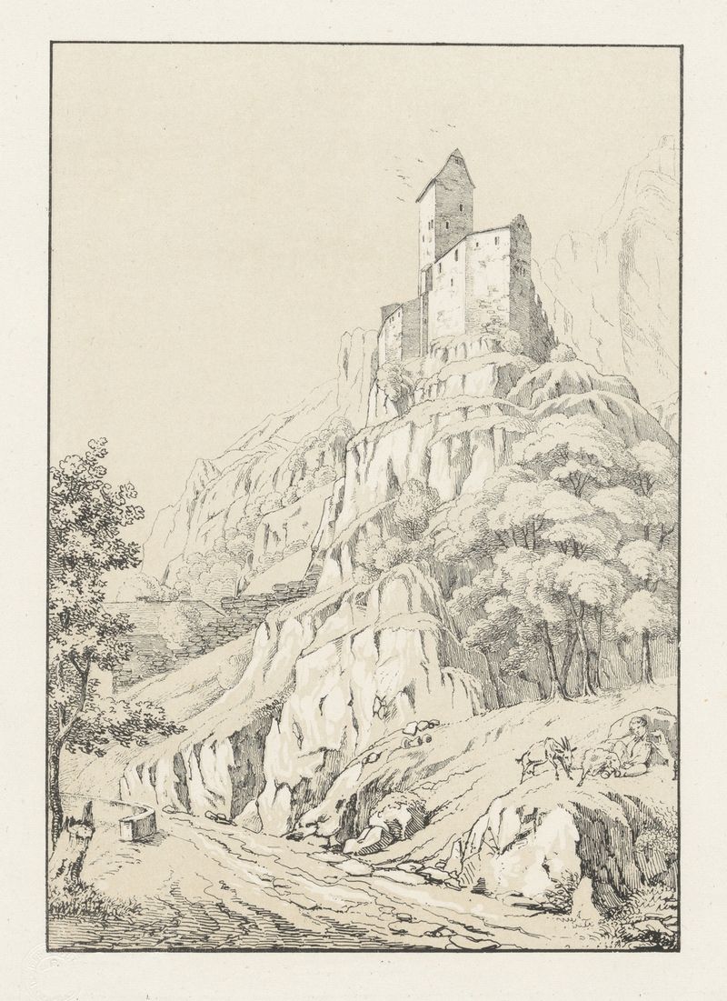 Sargans, pintura a óleo de Johann Friedrich Wagner, com um castelo central e luz dinâmica.
