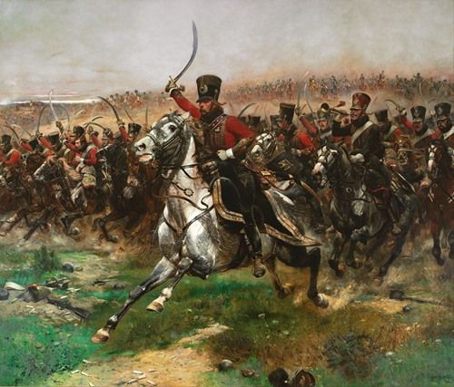 A dramatic scene of cavalry charging with swords raised, set against a battlefield backdrop.