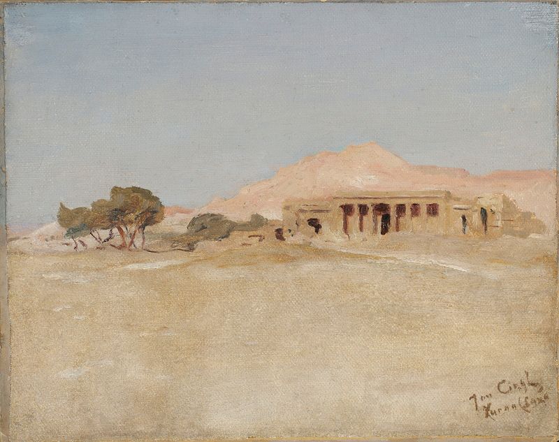 Temple Qurna – Luxor de Jan Ciągliński, pintura a óleo que retrata arquitetura antiga em uma paisagem ensolarada