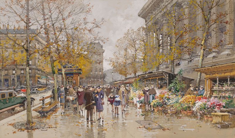 Genre scene in Place De La Madeleine, oil on canvas by Eugène Galien-Laloue