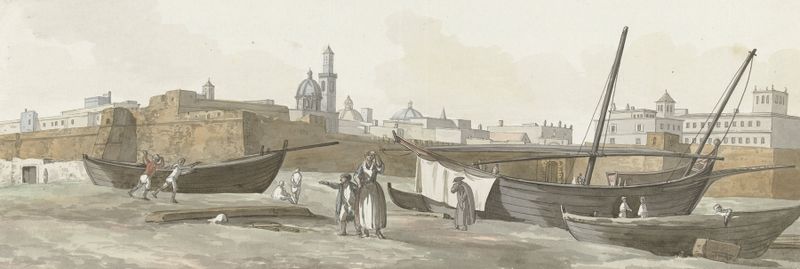 Watercolour by Abraham-Louis-Rodolphe Ducros depicting the harbor of Bari with boats and shoreline.