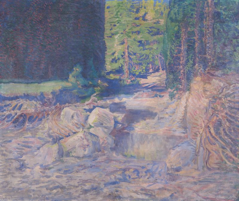 Ruhender Wildbach by August Roth, oil on canvas depicting a tranquil river with reflections in nature.