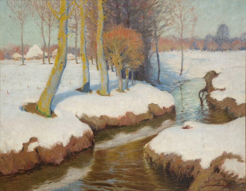 Paisaje invernal con nieve y árboles, óleo sobre lienzo de Roman Bratkowski
