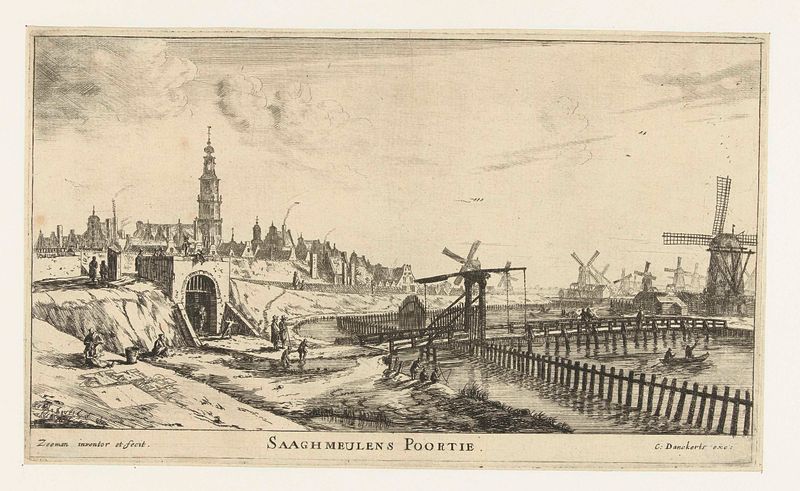 Gezicht op de Zaagmolenpoort te Amsterdam, gravura de Reinier Nooms, representando um moinho de vento e um rio.