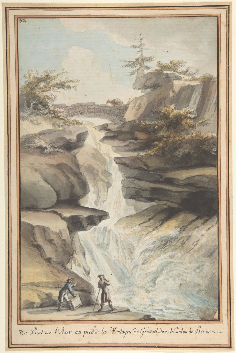 A Bridge on the Aar, oil painting by Caspar Wolf, featuring a river, mountains, and sunset.