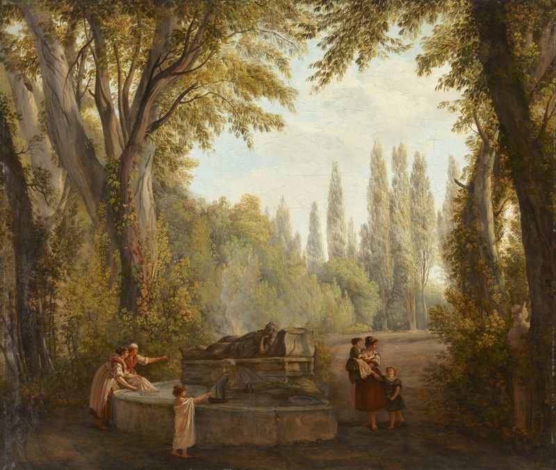 Uma paisagem de parque com mulheres e crianças ao lado de uma fonte, pintura a óleo de Abraham-Louis-Rodolphe Ducros.
