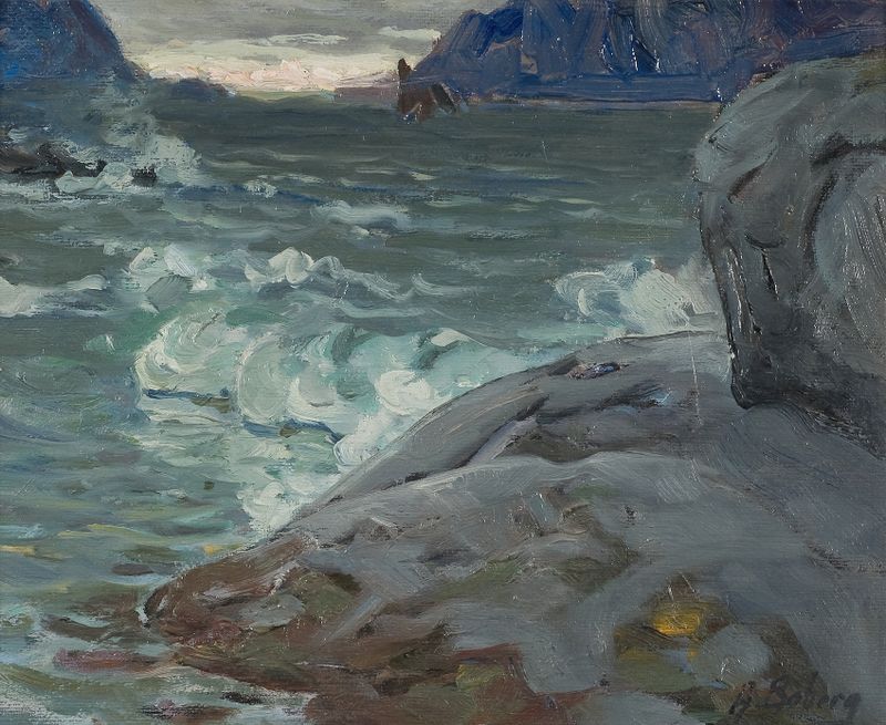 Landscape of a beach at sunset, waves lapping the shore, by Anna Boberg, medium unknown