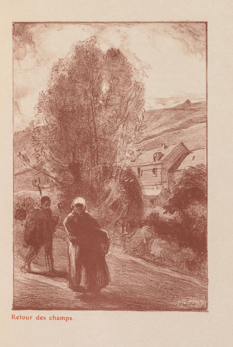 Engraving by Auguste Louis Lepère depicting a twilight landscape with figures in the countryside.