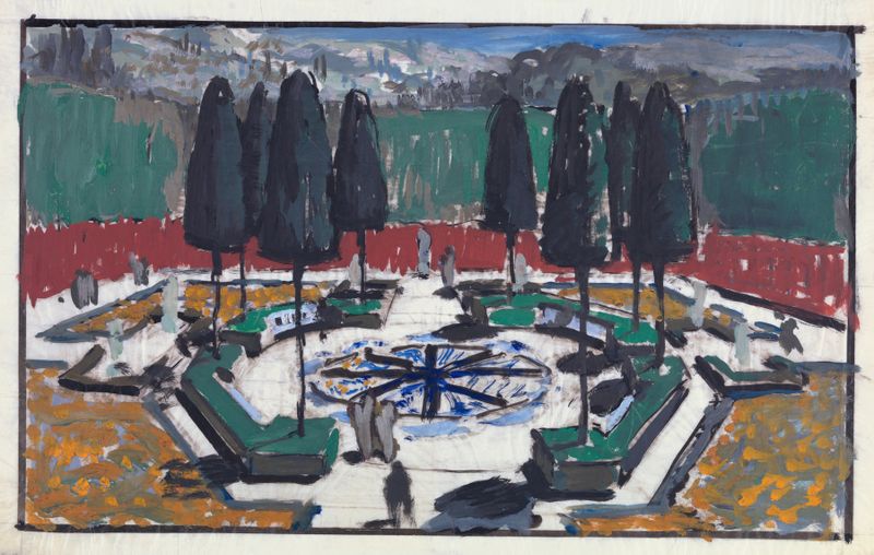Vista de um jardim octogonal murado com árvores sempre verdes, pintura a óleo, artista desconhecido