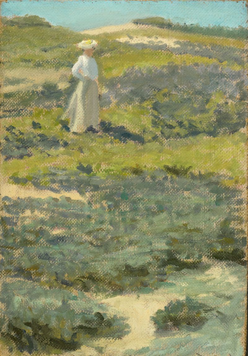 Mulher em pé em uma paisagem, óleo sobre tela de William Merritt Chase