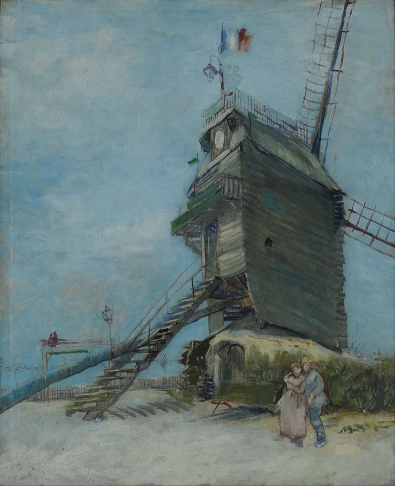 Le Moulin de la Galette, óleo sobre tela de Vincent van Gogh, com figuras animadas ao ar livre.