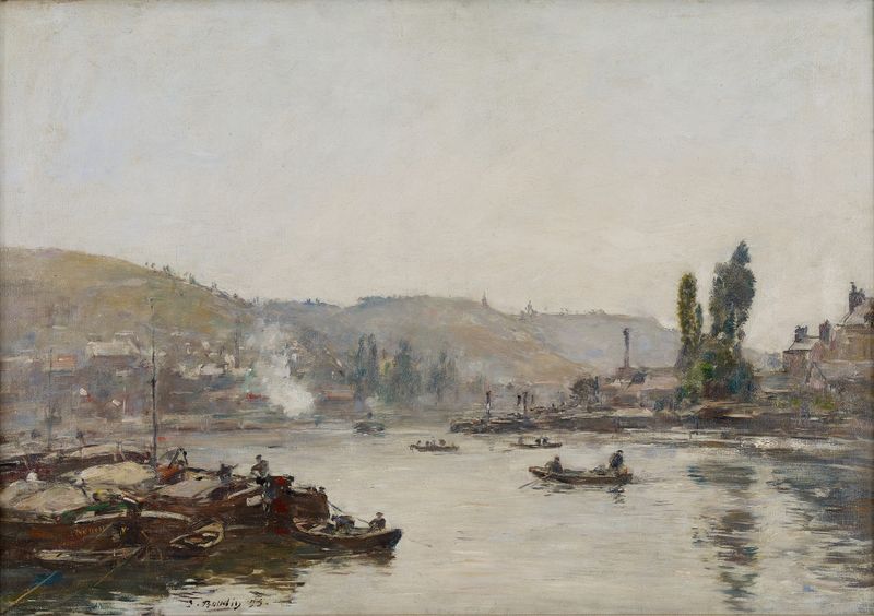 La Seine à Rouen de Eugène Boudin, óleo sobre tela retratando um rio sob nuvens tempestuosas.